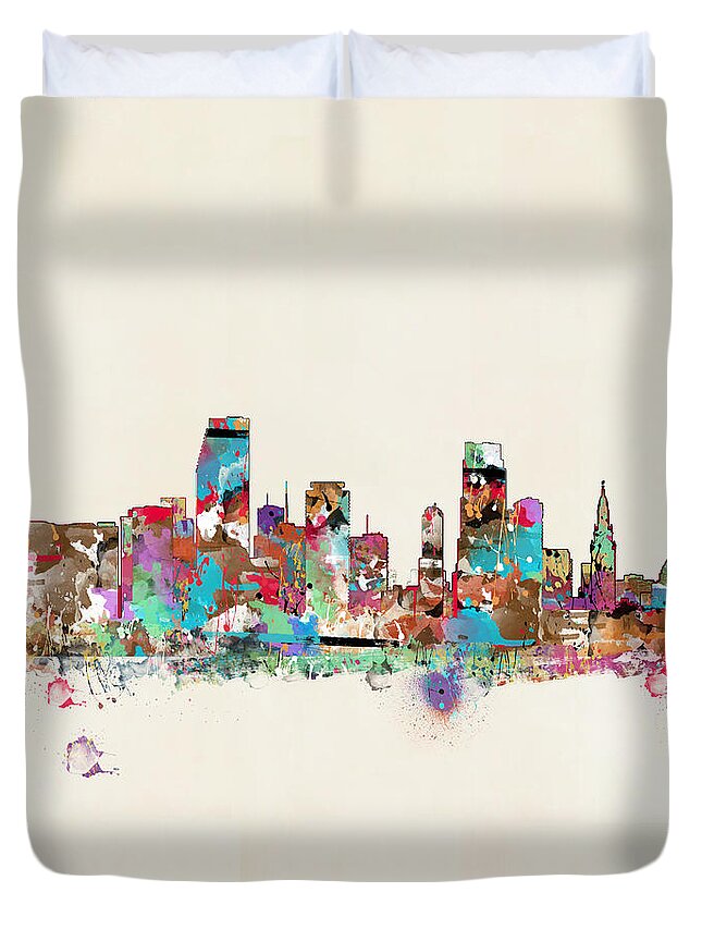 Miami Florida Skyline Duvet Cover featuring the painting Miami Floria Skyline #1 by Bri Buckley