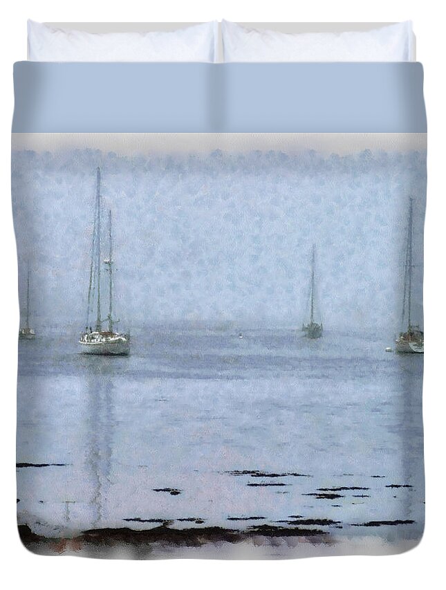 New England Coastline Duvet Cover featuring the photograph Misty sails upon the water #2 by Jeff Folger
