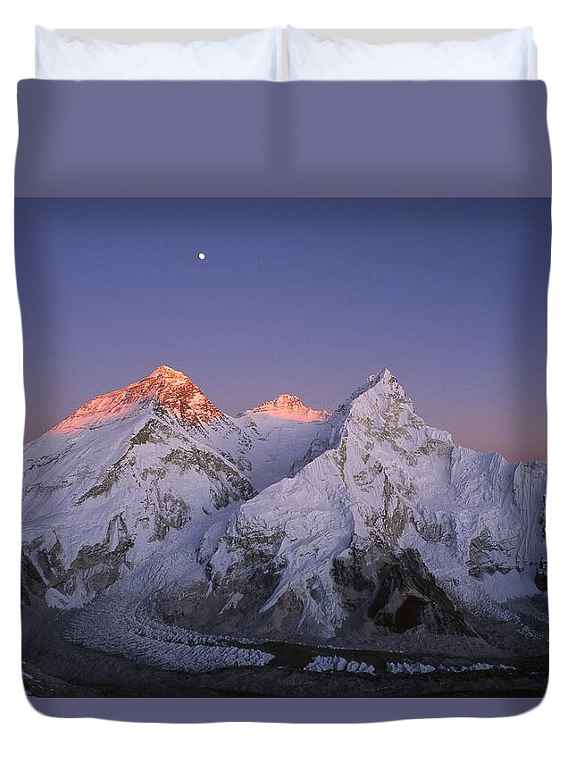 Feb0514 Duvet Cover featuring the photograph Moon Over Mount Everest Summit #1 by Grant Dixon