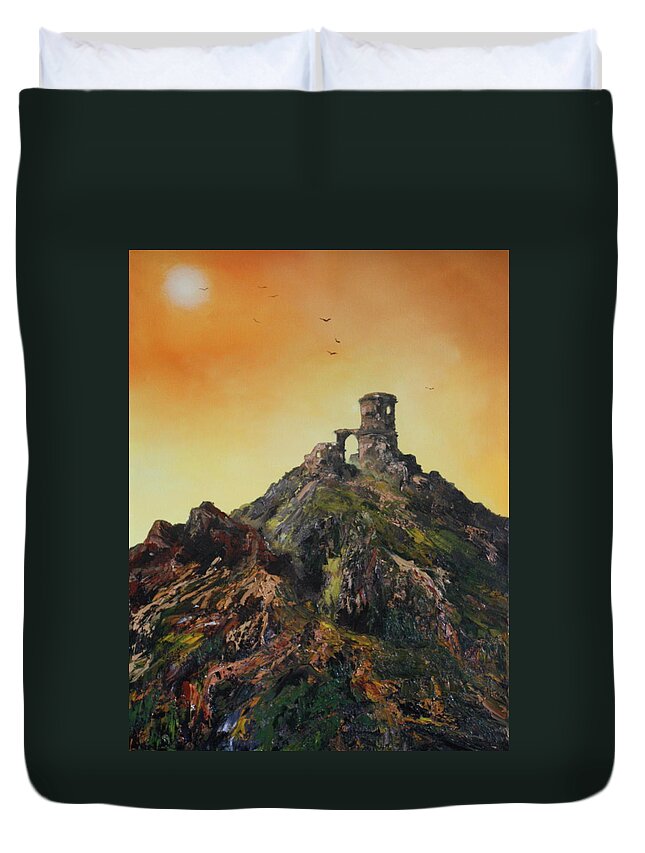 Mow- Cop Duvet Cover featuring the painting Mow Cop Castle Staffordshire by Jean Walker