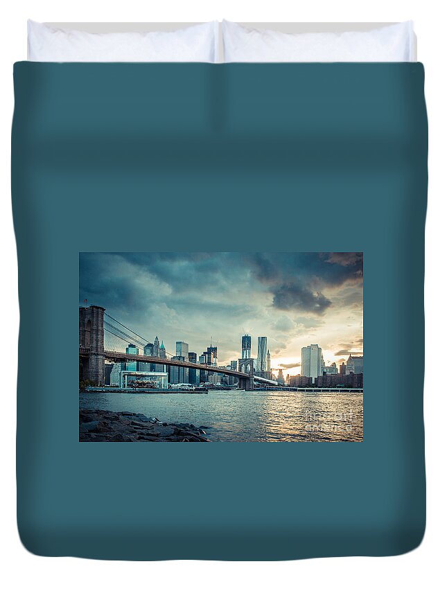 Nyc Duvet Cover featuring the photograph NYC skyline in the sunset v1 #1 by Hannes Cmarits