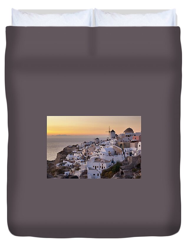 Greek Culture Duvet Cover featuring the photograph O&237a Windmills At Dusk, Santorini #1 by Michaelutech