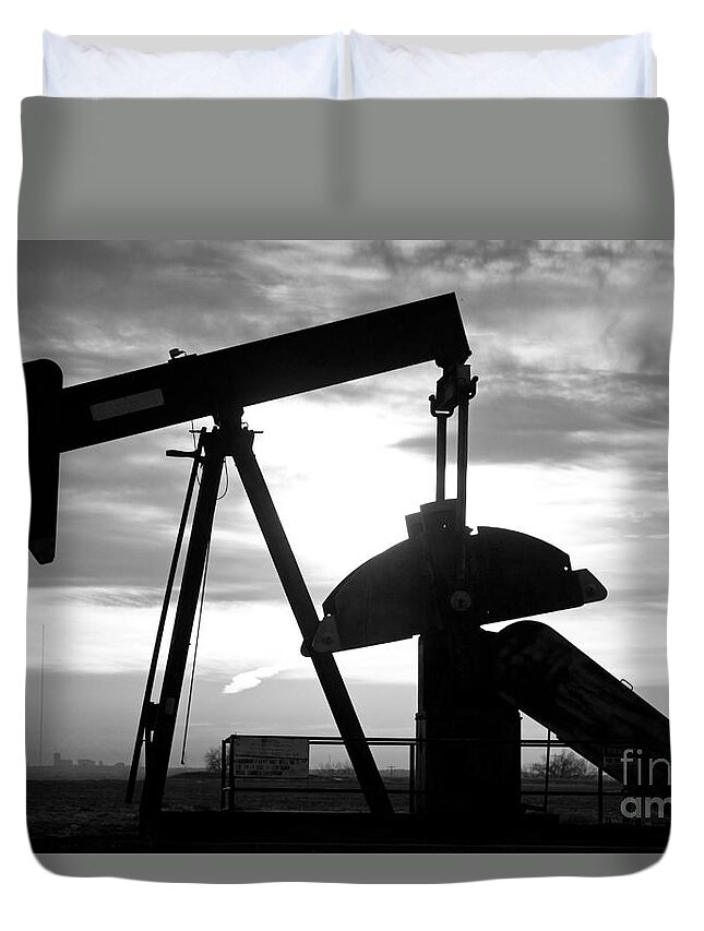 Oil Duvet Cover featuring the photograph Oil Well Pump Jack Black and White #1 by James BO Insogna