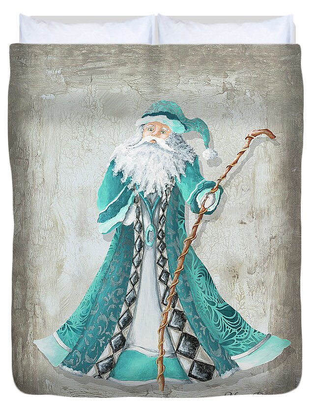 Santa Duvet Cover featuring the painting Old World Style Turquoise Aqua Teal Santa Claus Christmas Art by Megan Duncanson #1 by Megan Aroon