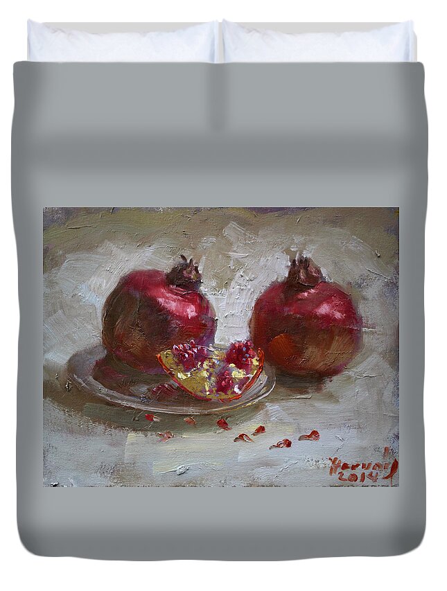 Pomegranates Duvet Cover featuring the painting Pomegranates by Ylli Haruni