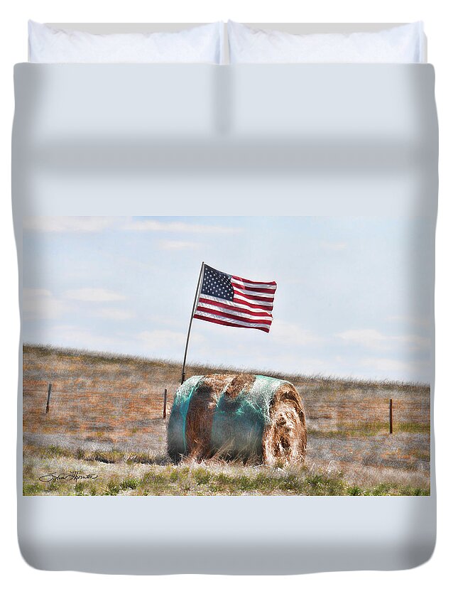 Hay Bale With Flag Duvet Cover featuring the photograph Proud To Be An American #1 by Sylvia Thornton