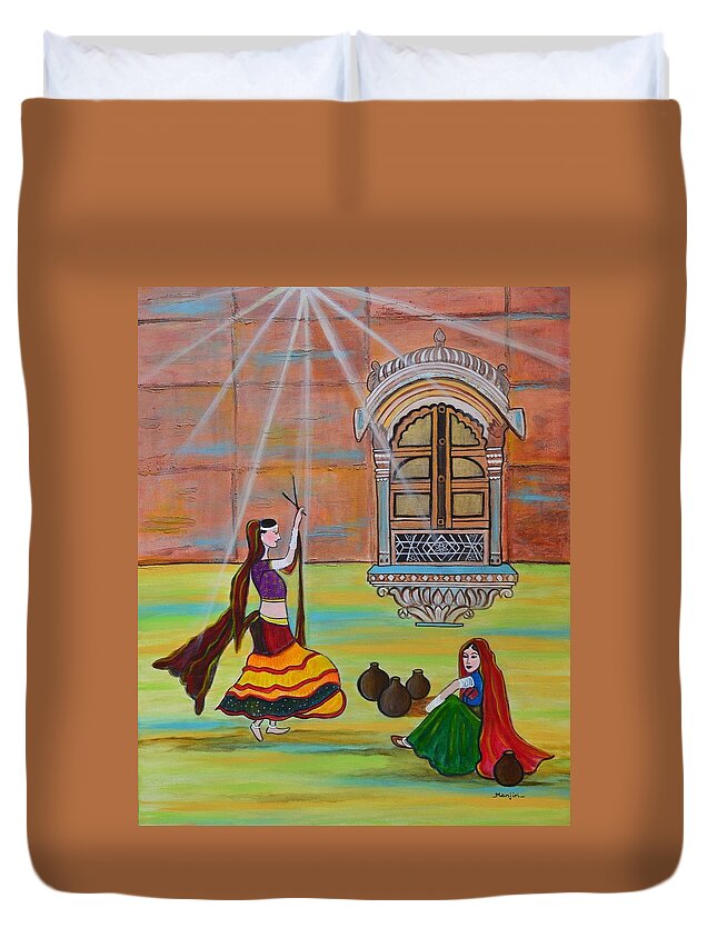 Ladies Duvet Cover featuring the painting Rajasthani ladies-Dandiya by Manjiri Kanvinde