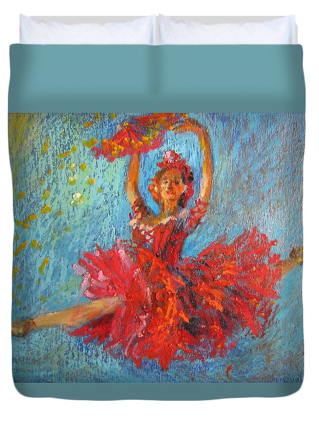 Dancer With Red Fan Duvet Cover featuring the painting Red fan by Jieming Wang