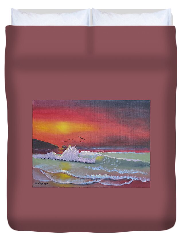 Seascape Duvet Cover featuring the painting Red Sky at Night by Kathie Camara