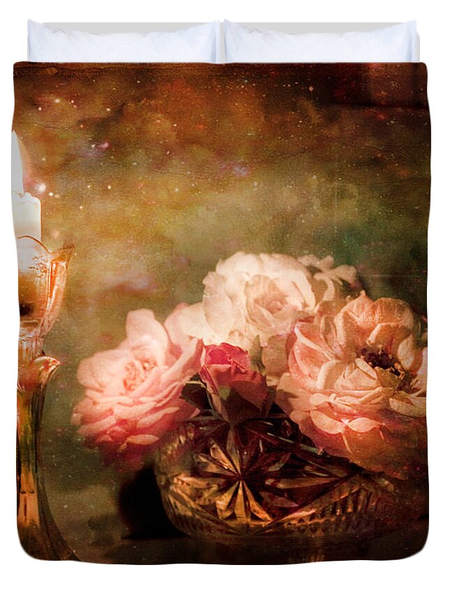 Vintage Still Life Duvet Cover featuring the photograph Roses By Candlelight by Theresa Tahara