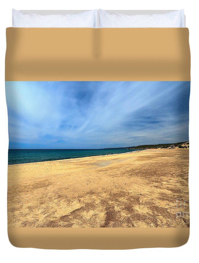 Bay Duvet Cover featuring the photograph sandy beach in Piscinas #1 by Antonio Scarpi