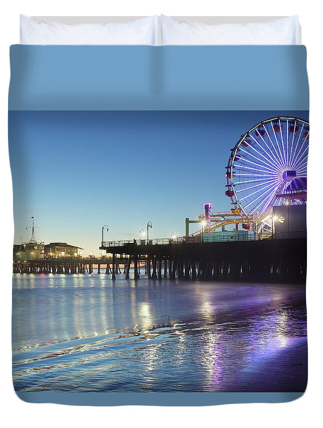 Water's Edge Duvet Cover featuring the photograph Santa Monica Pier #1 by S. Greg Panosian