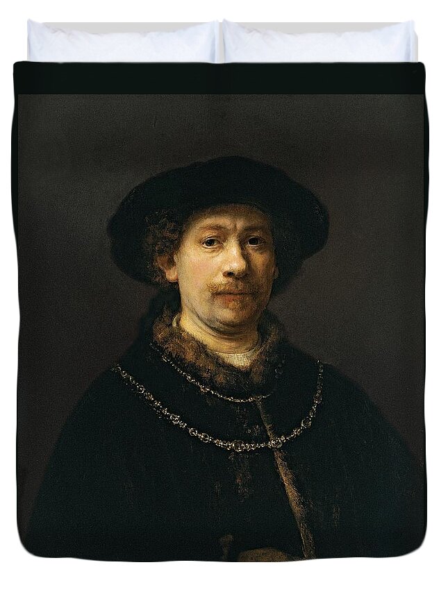 1642-1643 Duvet Cover featuring the painting Self-portrait wearing a Hat and two Chains #1 by Rembrandt van Rijn