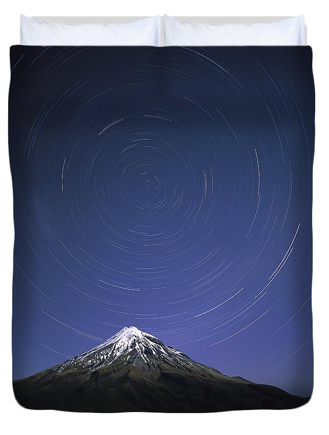 Feb0514 Duvet Cover featuring the photograph Star Trails Over Mt Taranaki New Zealand #1 by Harley Betts