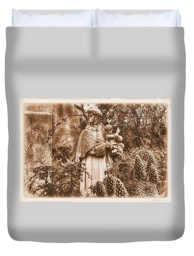 California Duvet Cover featuring the photograph Statue of Saint Francis in the Gardens of the Carmel Mission Forecourt Carmel-by-the-Sea California #1 by Michael Mazaika