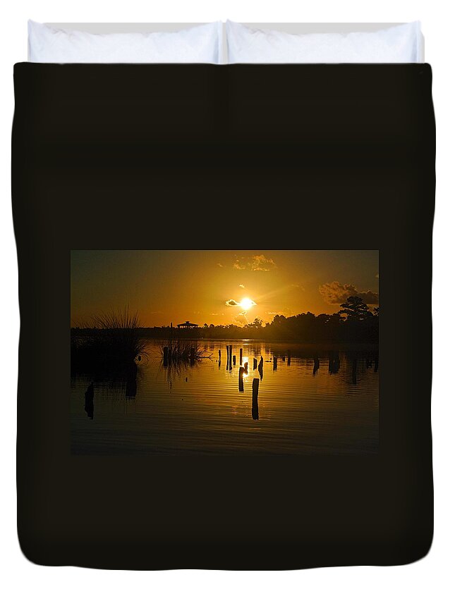 Palm Duvet Cover featuring the digital art Sunrise on the Bon Secour River #1 by Michael Thomas