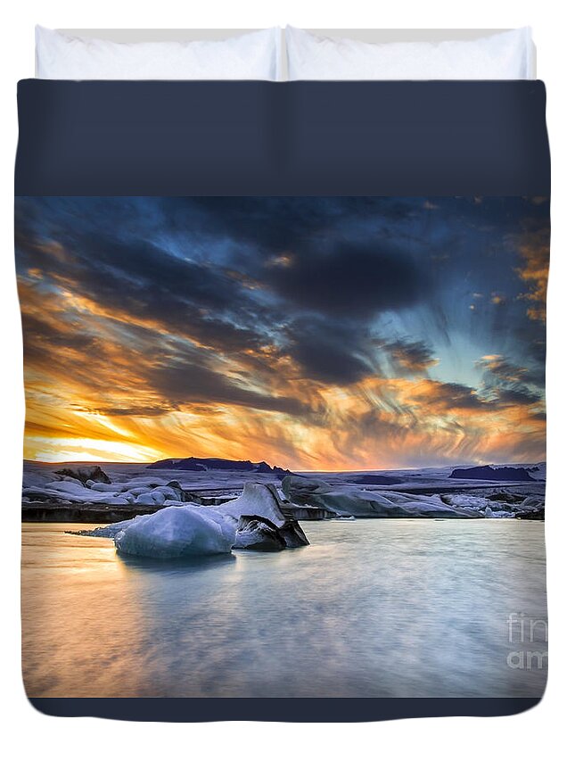 Sunset Duvet Cover featuring the photograph sunset at Jokulsarlon iceland #2 by Gunnar Orn Arnason