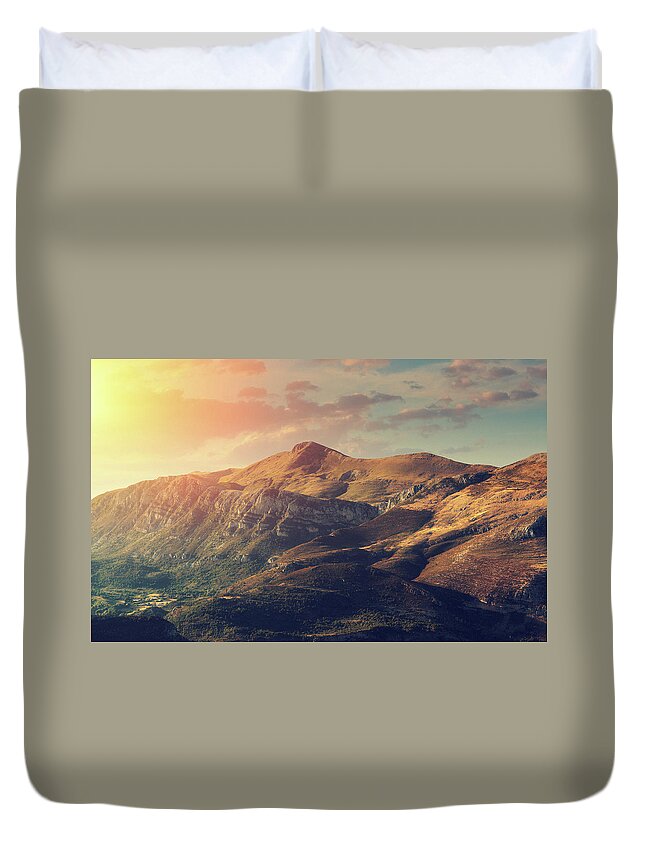 Scenics Duvet Cover featuring the photograph Sunset In The Mountains #1 by Mammuth