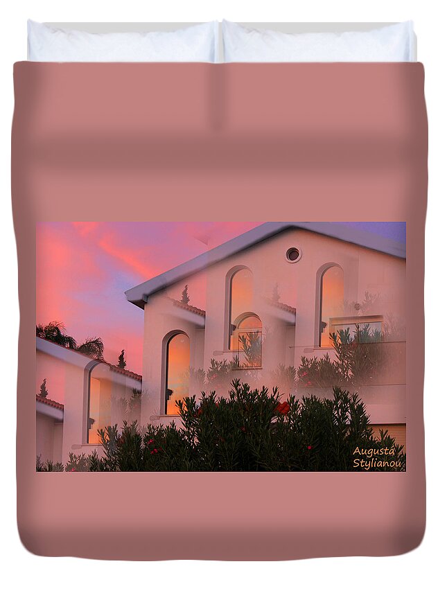 Augusta Stylianou Duvet Cover featuring the digital art Sunset on Houses #2 by Augusta Stylianou