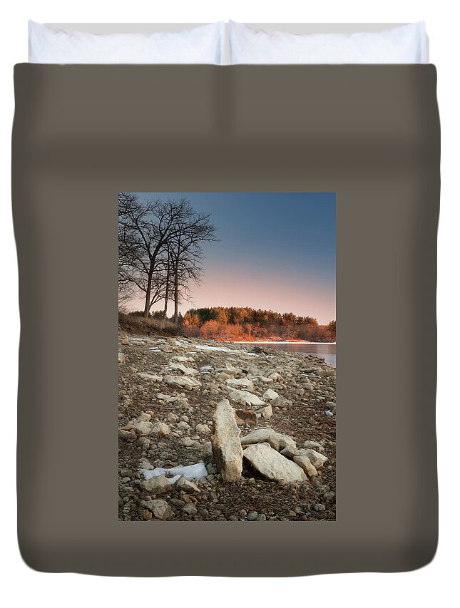Orange Color Duvet Cover featuring the photograph Sunset Over Rocky Lake Shore #1 by Creative improv