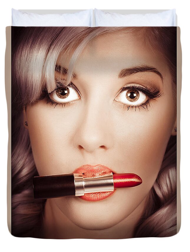 Makeup Duvet Cover featuring the photograph Surprised pinup girl with lipstick makeup in mouth #1 by Jorgo Photography