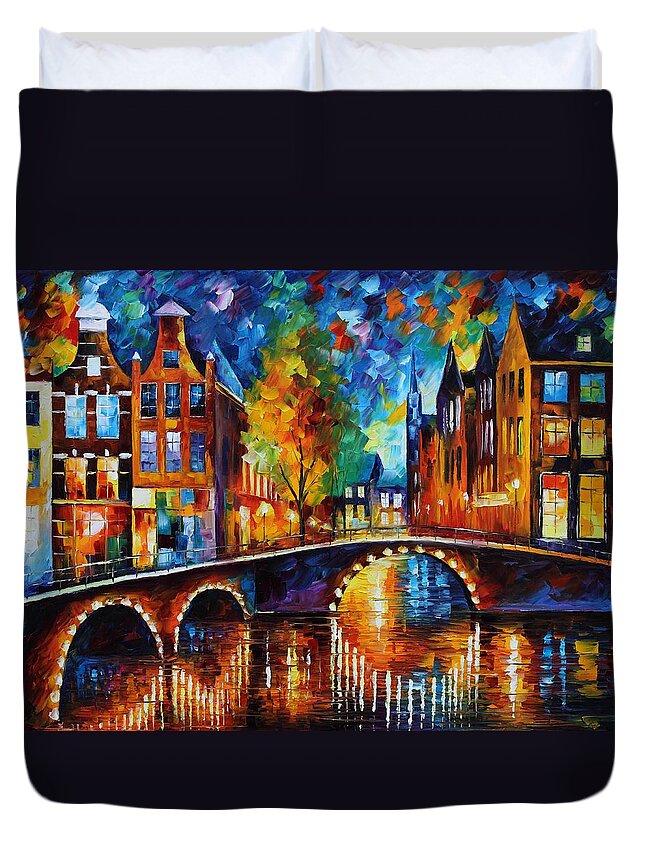 Afremov Duvet Cover featuring the painting The Bridges Of Amsterdam by Leonid Afremov