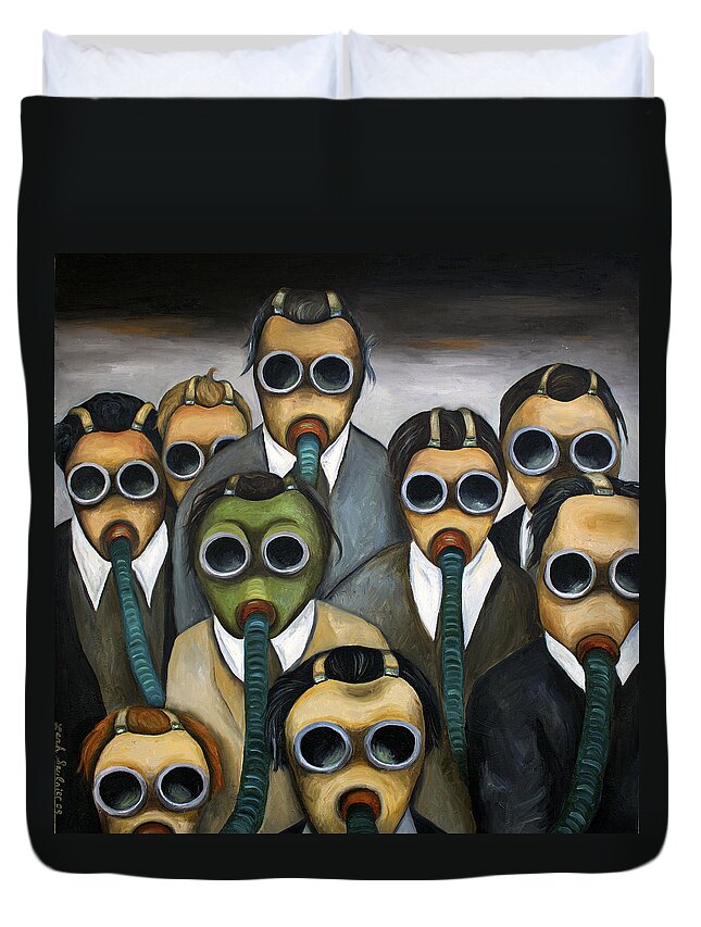 Gas Mask Duvet Cover featuring the painting The Meeting #2 by Leah Saulnier The Painting Maniac