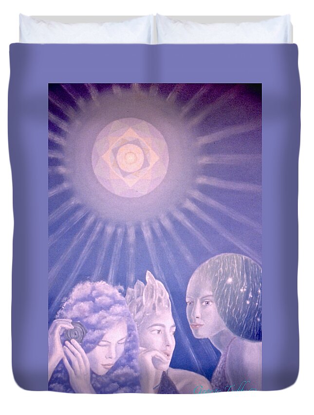 Surrealistic Painting Duvet Cover featuring the painting Three Graces in blue #2 by George Tuffy