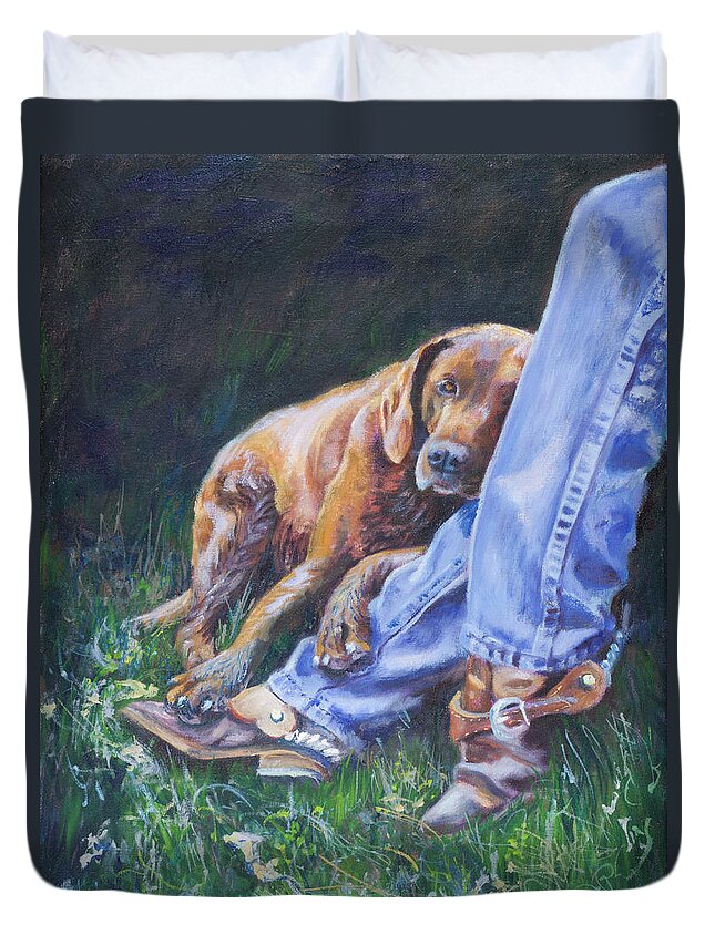 Dog Duvet Cover featuring the painting Tired by Page Holland