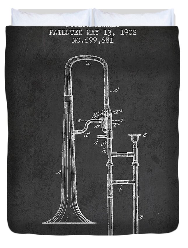 Trombone Duvet Cover featuring the digital art Trombone Patent from 1902 - Dark by Aged Pixel