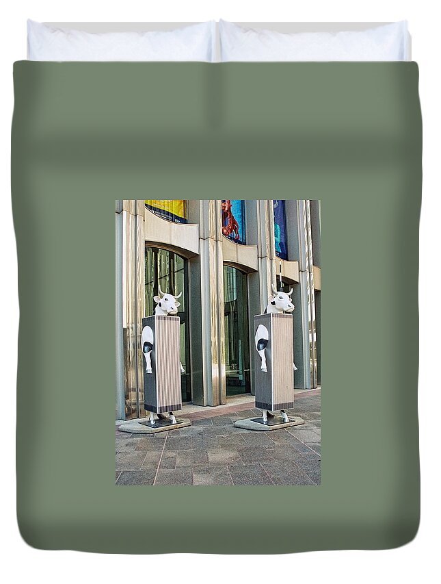 Twin Towers Duvet Cover featuring the photograph Cow Parade N Y C 2000 - Twin Cowers by Allen Beatty