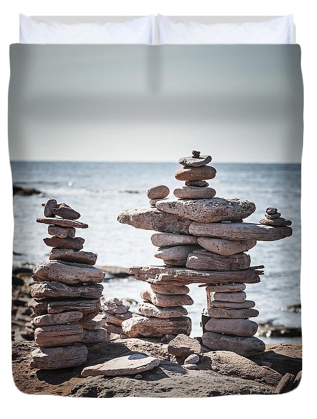 Stones Duvet Cover featuring the photograph Two stacked stone cairns 1 by Elena Elisseeva