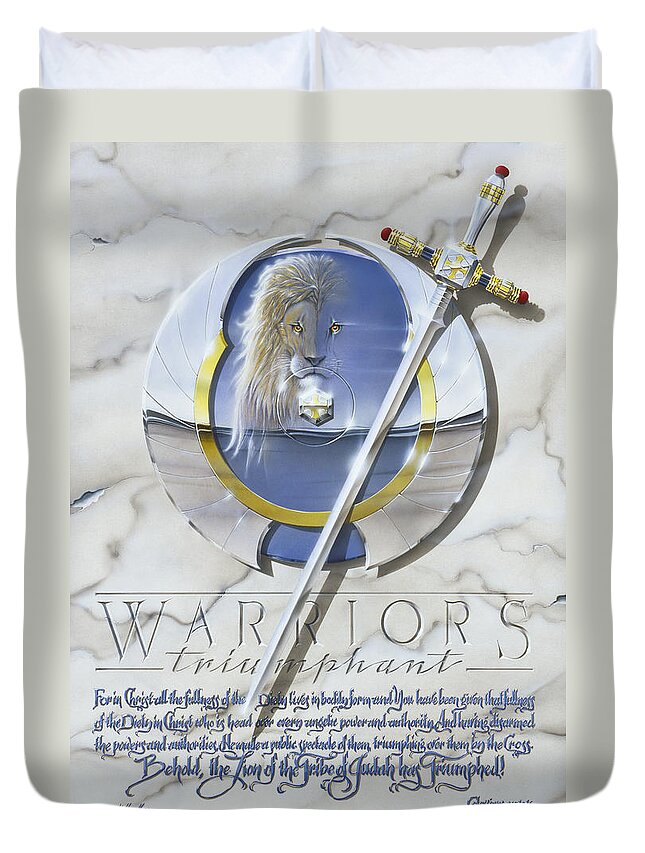 Warriormenboysswordshieldlionwarriorsfightchristianspiritualwarfarecross Duvet Cover featuring the painting Warriors Triumphant by Cliff Hawley