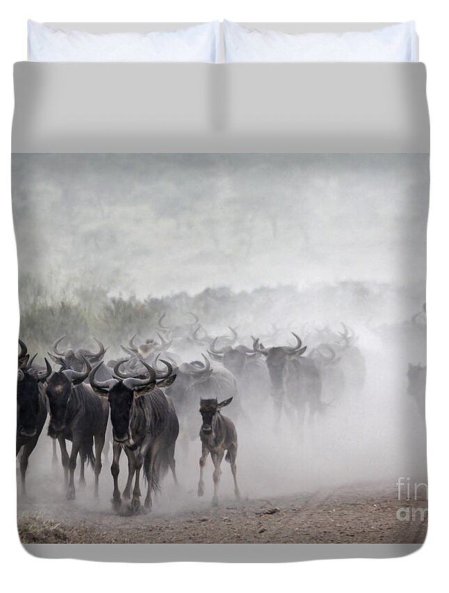 Power Duvet Cover featuring the photograph Wildebeest migration #1 by Gilad Flesch