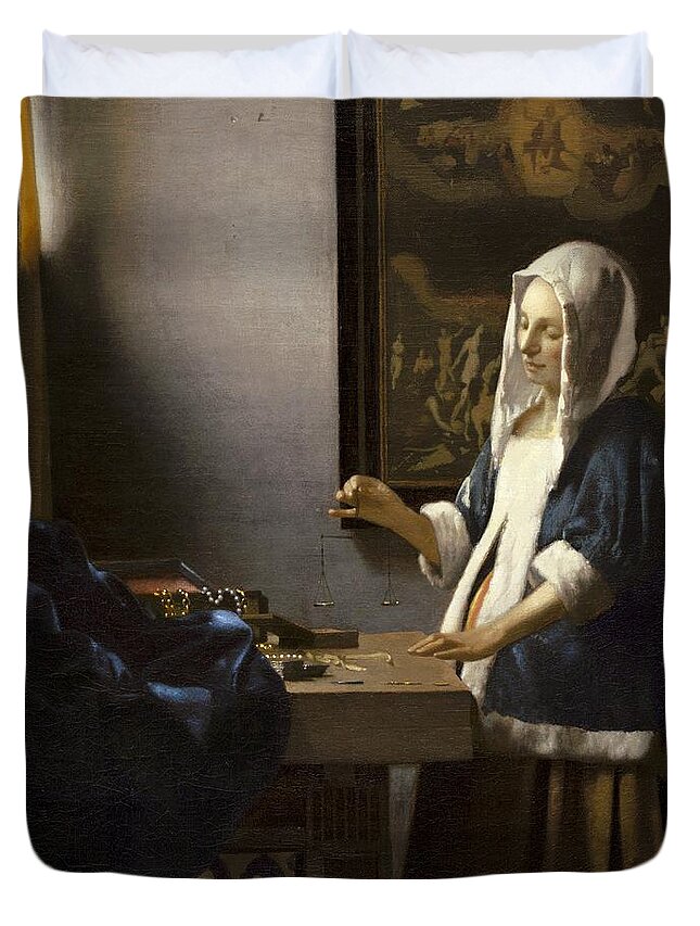 Jan Vermeer Duvet Cover featuring the painting Woman Holding A Balance #1 by Jan Vermeer