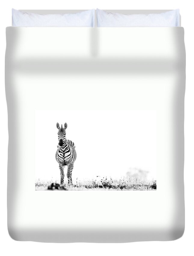 Africa Duvet Cover featuring the photograph Zebra Facing Forward Washed Out Sky Bw #1 by Mike Gaudaur