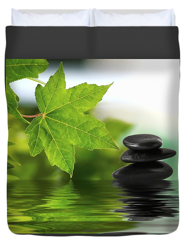Zen Duvet Cover featuring the photograph Zen stones on water #1 by Paulo Goncalves