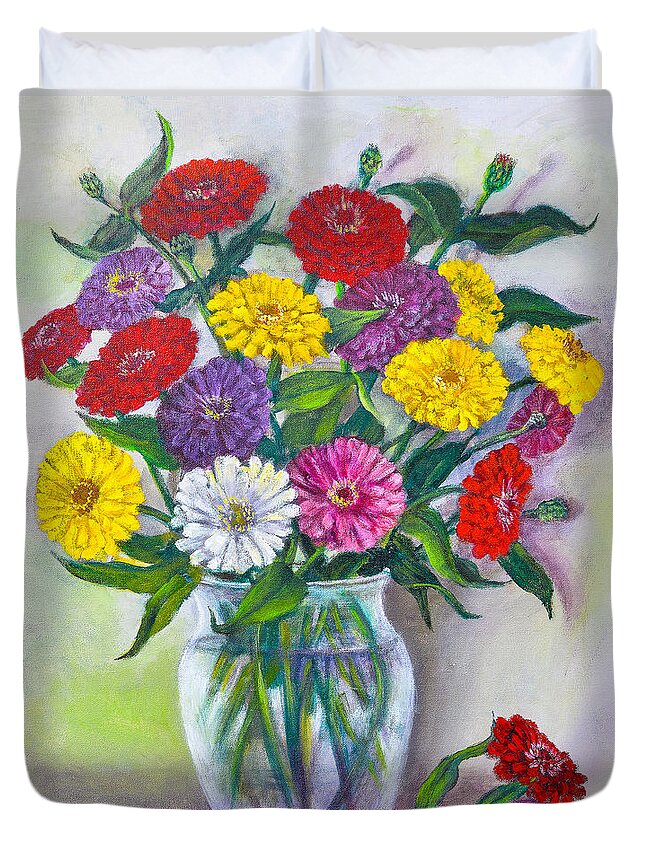 Zinnias Duvet Cover featuring the painting Old Fashioned Zinnias by Rand Burns