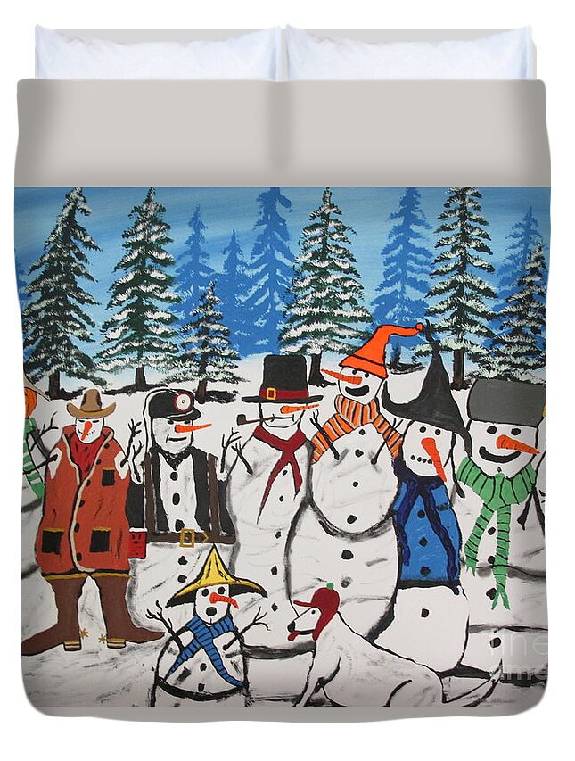  Duvet Cover featuring the painting 10 Christmas Snowmen by Jeffrey Koss