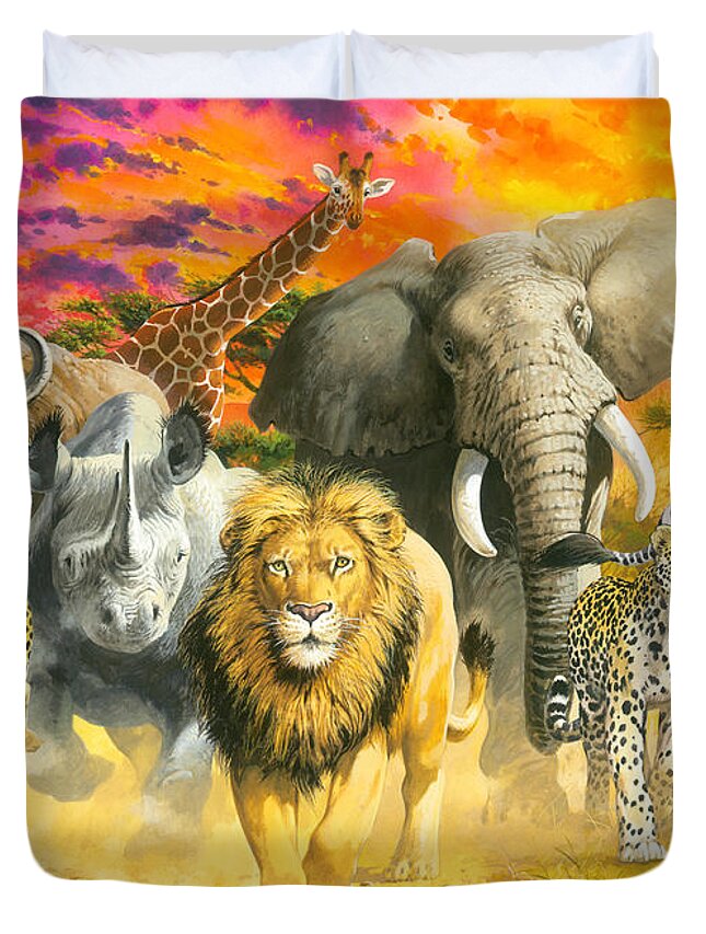 John Francis; Animals; Painting; Realistic; Puzzle; Horizontal; Landscape; Nature; Wildlife; Leopard. Elephant; Lion; Zebra; Cheetah; Giraffe; Antelope; Sunset; Savannah; African; Africa; Running; Stampede Duvet Cover featuring the painting Africa's finest by MGL Meiklejohn Graphics Licensing