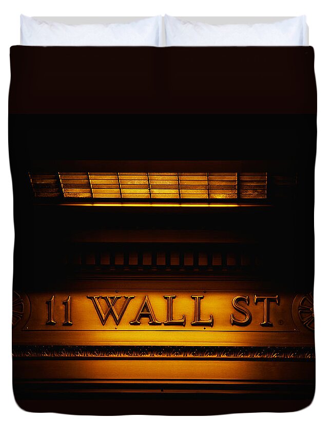 Photography Duvet Cover featuring the photograph 11 Wall St. Building Sign by Panoramic Images