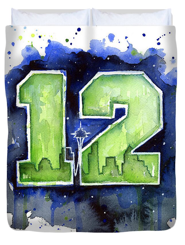 Seahawks Duvet Cover featuring the painting 12th Man Seahawks Art Seattle Go HAWKS by Olga Shvartsur