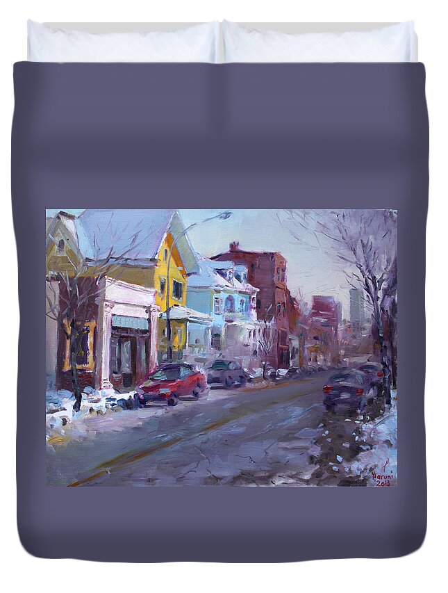 Savoy Restorant Duvet Cover featuring the painting 149 Elmwood Ave SAVOY by Ylli Haruni