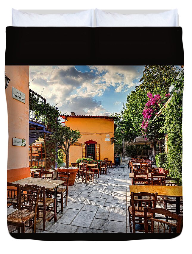 Aged Duvet Cover featuring the photograph The famous Plaka in Athens - Greece #15 by Constantinos Iliopoulos