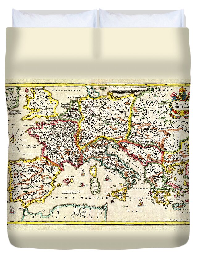 1657 Jansson Map Of The Empire Ofcharlemagne Geographicus Carolimagni Jansson 1657 Duvet Cover featuring the painting 1657 Jansson Map of the Empire ofCharlemagne Geographicus CaroliMagni jansson 1657 by MotionAge Designs