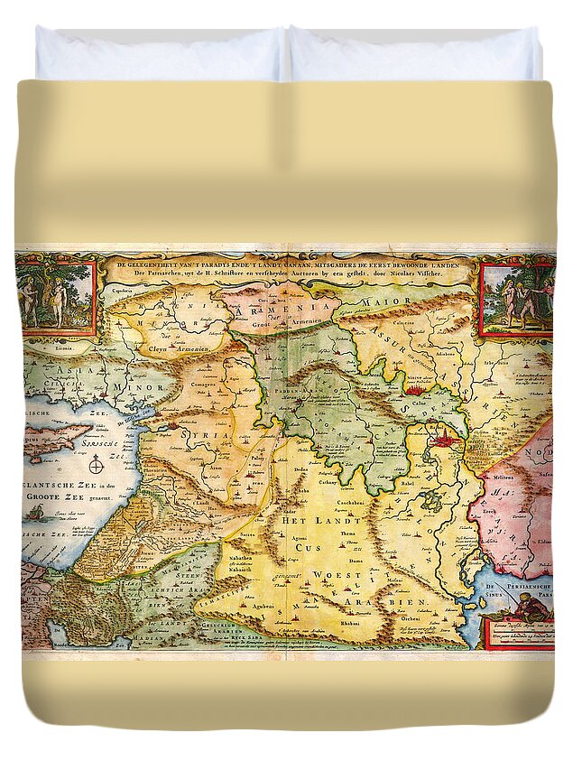 1657 Visscher Map Of The Holy Land Or The Earthly Paradise Geographicus Gelengentheyt Visscher 1657 Duvet Cover featuring the painting 1657 Visscher Map of the Holy Land or the Earthly Paradise Geographicus Gelengentheyt visscher 1657 by MotionAge Designs