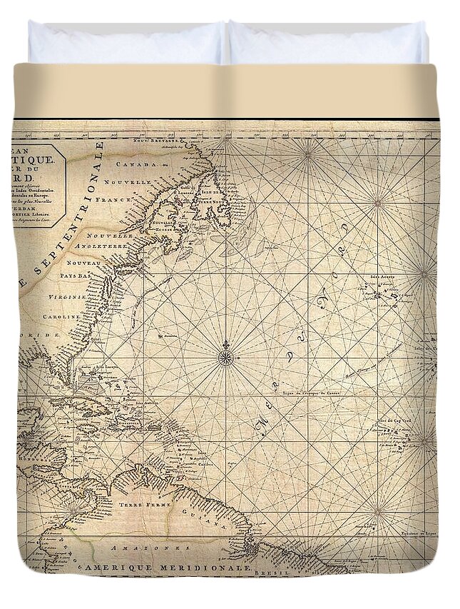  This Is A Rare And Remarkable 1693 Nautical Chart Of The Atlantic Ocean By Pierre Mortier. Covers The North Atlantic From Rough 5 Degree South Latitude To Roughly 56 Degrees North Latitude. Includes Much Of North America Duvet Cover featuring the photograph 1683 Mortier Map of North America the West Indies and the Atlantic Ocean by Paul Fearn