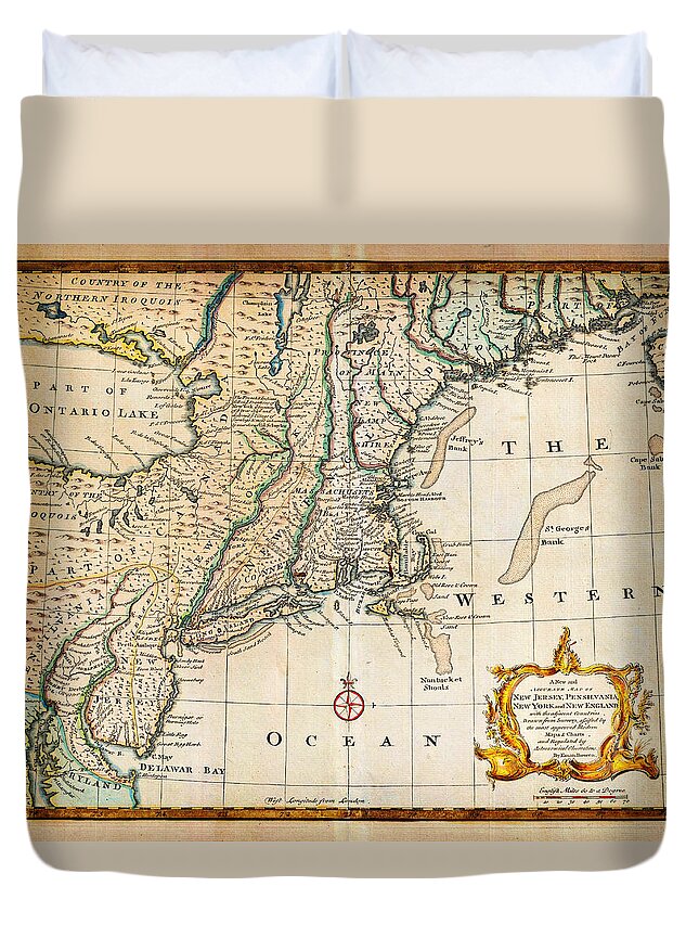 1747 Bowen Map Of New Jersey Pennsylvania New York And New England Geographicus Newyorknewengland Bowen 1747 Duvet Cover featuring the painting 1747 Bowen Map of New Jersey Pennsylvania New York and New England Geographicus NewYorkNewEngland bo by MotionAge Designs
