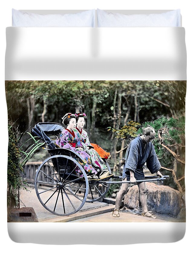 Japan Duvet Cover featuring the photograph 1870 Geisha Girls traveling in Rickshaw by Historic Image