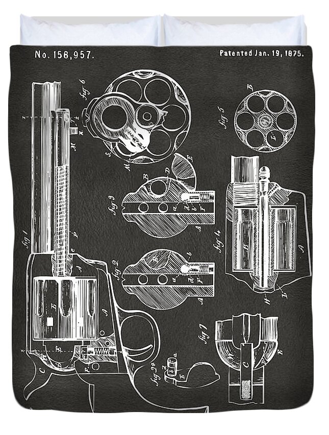 Colt Peacemaker Duvet Cover featuring the digital art 1875 Colt Peacemaker Revolver Patent Artwork - Gray by Nikki Marie Smith